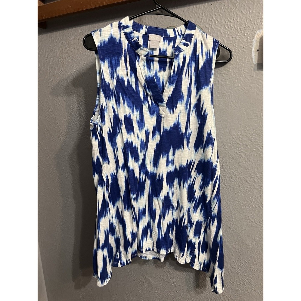Chicos Womens Size 2 Blue White Sleeveless Shirt V Neck